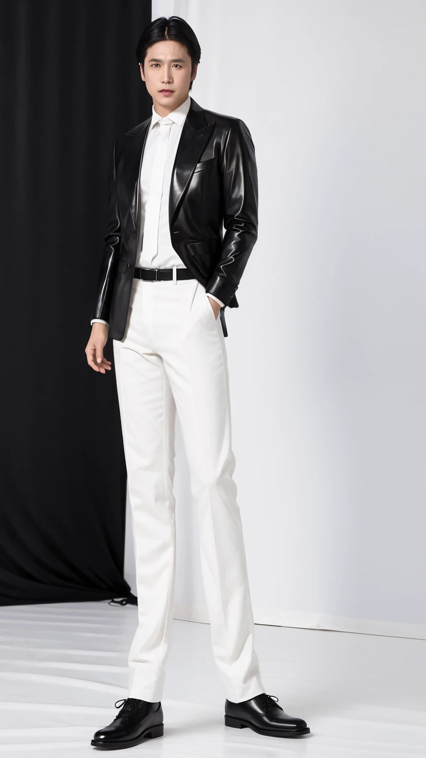 35-year-old man, Soft headlights,High-density imaging,((short hair)),((Black suit)),((White shirt)),((Various dynamic poses)),((Full body image)),((Black leather shoes)),((Background is white curtain)),best quality,masterpiece,(Soft colors:1.2)