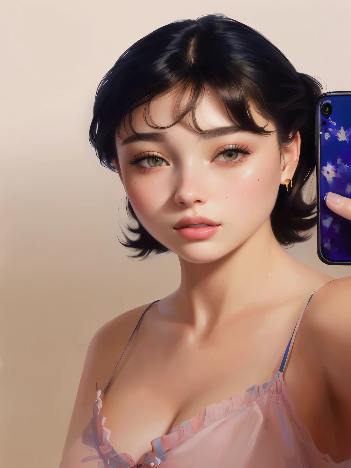 there is a woman holding a cell phone in front of her face, Portrait Sophie Mudd, realistic digital painting, 🤤 girl portrait, high quality portrait, ultra realistic digital painting, realistic painting cute girl, realistic art style, digital portrait, hyperrealistic digital painting, hyperrealistic art style, realistic digital illustration, realistic art style, ultra realistic image, bella poarch