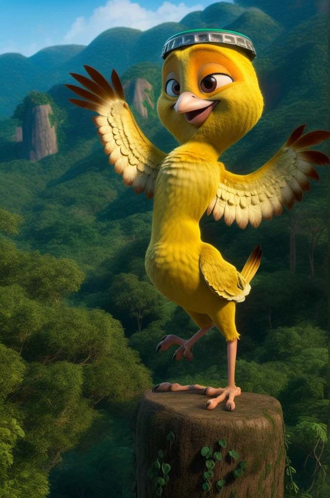 ((NSFW, sexual)), rio movie, jungle landscape, nico a male yellow canary, avian, ((anthro)), human body, furry, feathered arms, ((exposing big tapering penis, testicles)), standing, brown eyes, bedroom eyes, seductive, smiling, realistic, digitigrade legs, detailed eyes, wearing a bottle cap on bis head