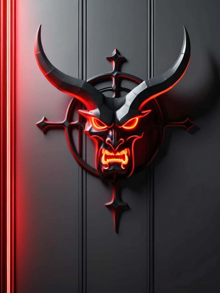 (White background), neon light, demon symbology style, Red color, black and dark gray, on smooth church wall