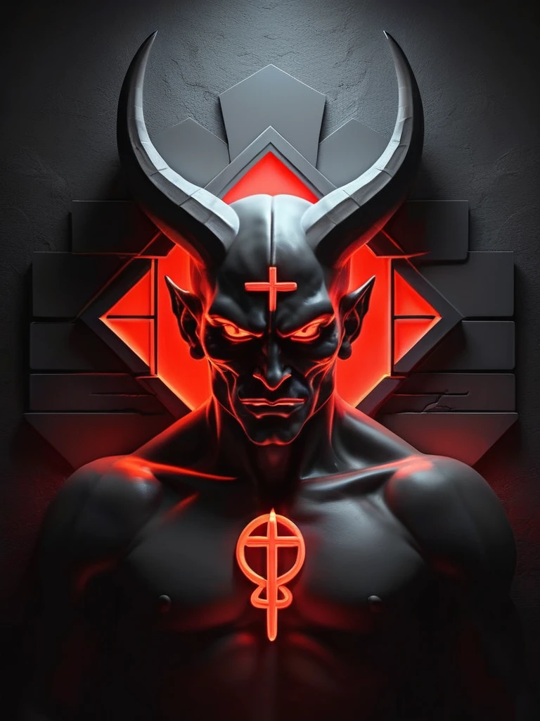 (White background), neon light, demon symbology style, Red color, black and dark gray, on smooth church wall