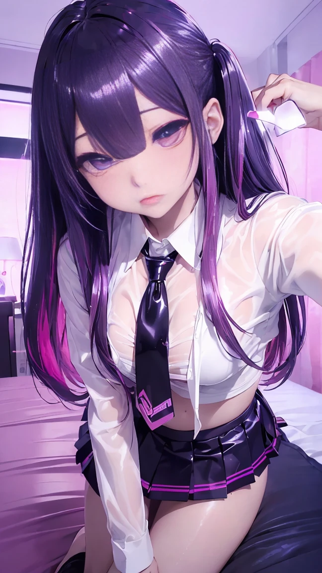 (masterpiece, Highest quality, Highest quality, Official Art, beautifully、aesthetic:1.2),, Cinema Lighting、(Key Light：Front 45 degree angle, Subsidy light、Backlight、Shadow、Blue and orange color palette), Accurate human body、Someone knowledgeable、Correct five-finger、RAW Photos、 4K - ultra-vivid、Highest quality, masterpiece, Ultra-high resolution, (reality: 1.4), 

1 girl、／Pink long hair/、(((/Black and purple super shiny  /)))、((( /Dark Skin/ , /White shirt and tie/ , high school girl、Pleated skirt , Cleavage ,Oilskin)))、(Shiny body: 1.5)、 Be embarrassed、(:1.5)、((/Black Mask/))、Full of embarrassment、Sexy pose、((vapor))、/break/, On the bed in a love hotel、(((/Pink lighting/)))、dim, Nasty room、Desaturation in the room

(((Oilskin,Glowing Skin、Realistic skin texture、Beautiful skin in every detail、Shiny skin、Shiny skin)))、


Upper Body Shot, Low camera angle, Written boundary depth, Focus on the center, Fine Eyes, Perfect face and eyes、