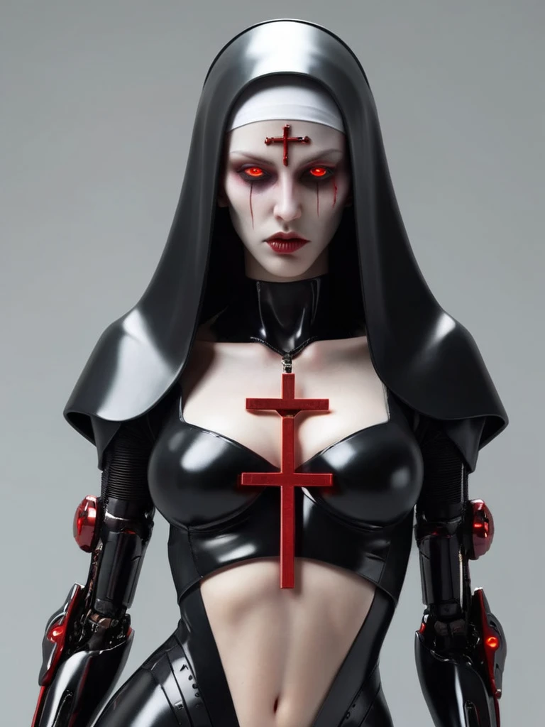 ral-opal, meahophontron, full body, woman robot face, Cyberpunk, devil nun, negro, looking at camera, body nun clothes, red eyes, primer plano looking at camera, realist, beautifull woman, sexy face, black clothes, gray and red, Red high heels, holding red crucifix.