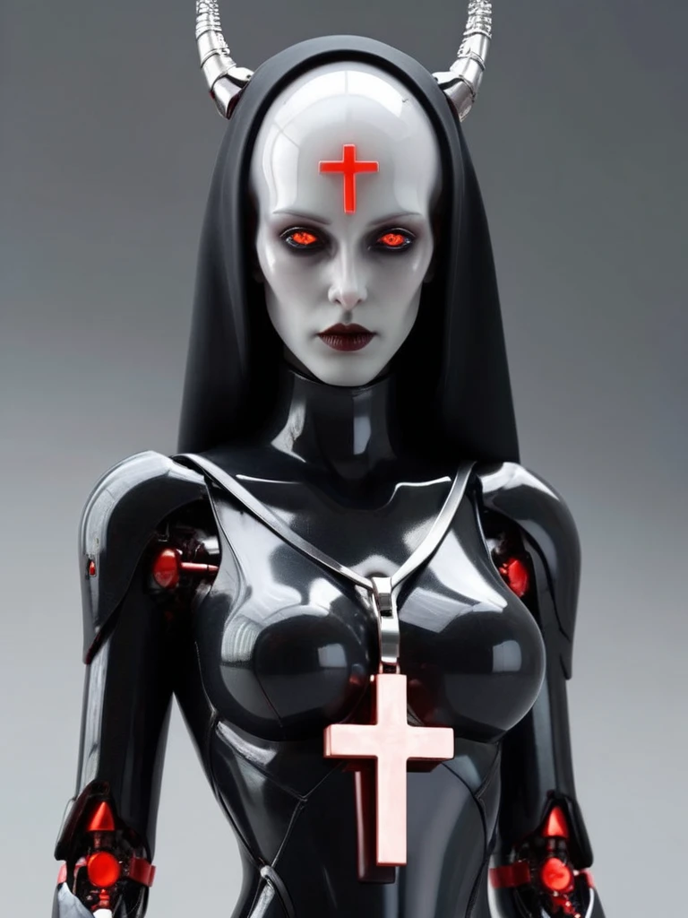 ral-opal, meahophontron, full body, woman robot face, Cyberpunk, devil nun, negro, looking at camera, body nun clothes, red eyes, primer plano looking at camera, realist, beautifull woman, sexy face, black clothes, gray and red, Red high heels, holding red crucifix.