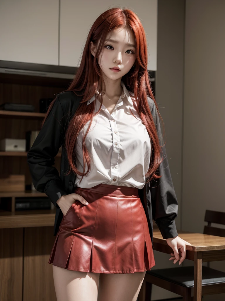 Korean with long red hair, wearing sexy short skirt and black blouse