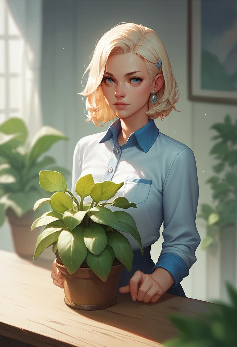 une femme marchant dans le hall du bureau, a white wall, une table grise, plants, poses sexy, blurred background, to focus,
(((head of'artwork))), ((best quality)), ((Detailed complex)), ((hyperrealistic)), absurd resolution, trentenaire, Femme mature, Perspective, very detailed, illustration, 1fille, ((tetas grandes)), des mains parfaites, Detailed fingers, beautiful detailed eyes, cheveux courts, blond hair, blue eye, name tag, CEO, (outfit'affaires:1.2), open blazer, chemise, tight skirt, tour de cou noir, loops of'ears, detailed context, bedroom, yeux parfaits, seductive eyes, regarder le spectateur, Fingers