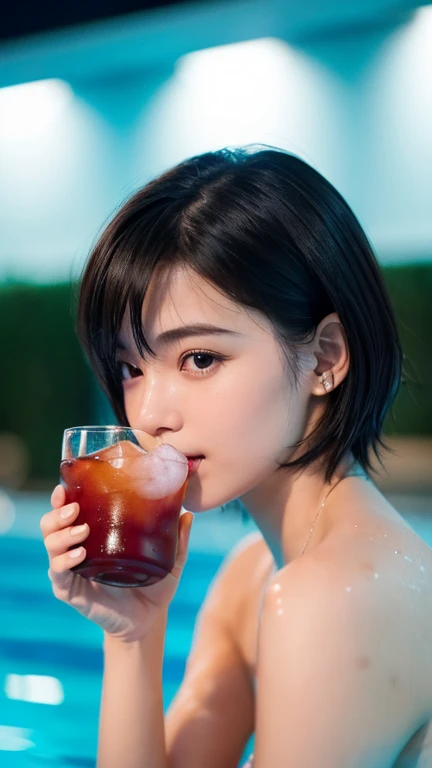 ((Girl drinking a drink at the pool at night:1.3)), (High resolution:1.3), (16K, Realistic, RAW Photos, Best image quality: 1.4), Japanese, (One Girl), Beautiful Face, (Lively Faces), (Black-haired、short hair:1.3), Beautiful Hairstyles, Realistic eyes, Beautiful and exquisite, (Realistic Skin), Beautiful skins, charm, High detail, Golden Ratio, Highly detailed cute girl,(20-year-old),