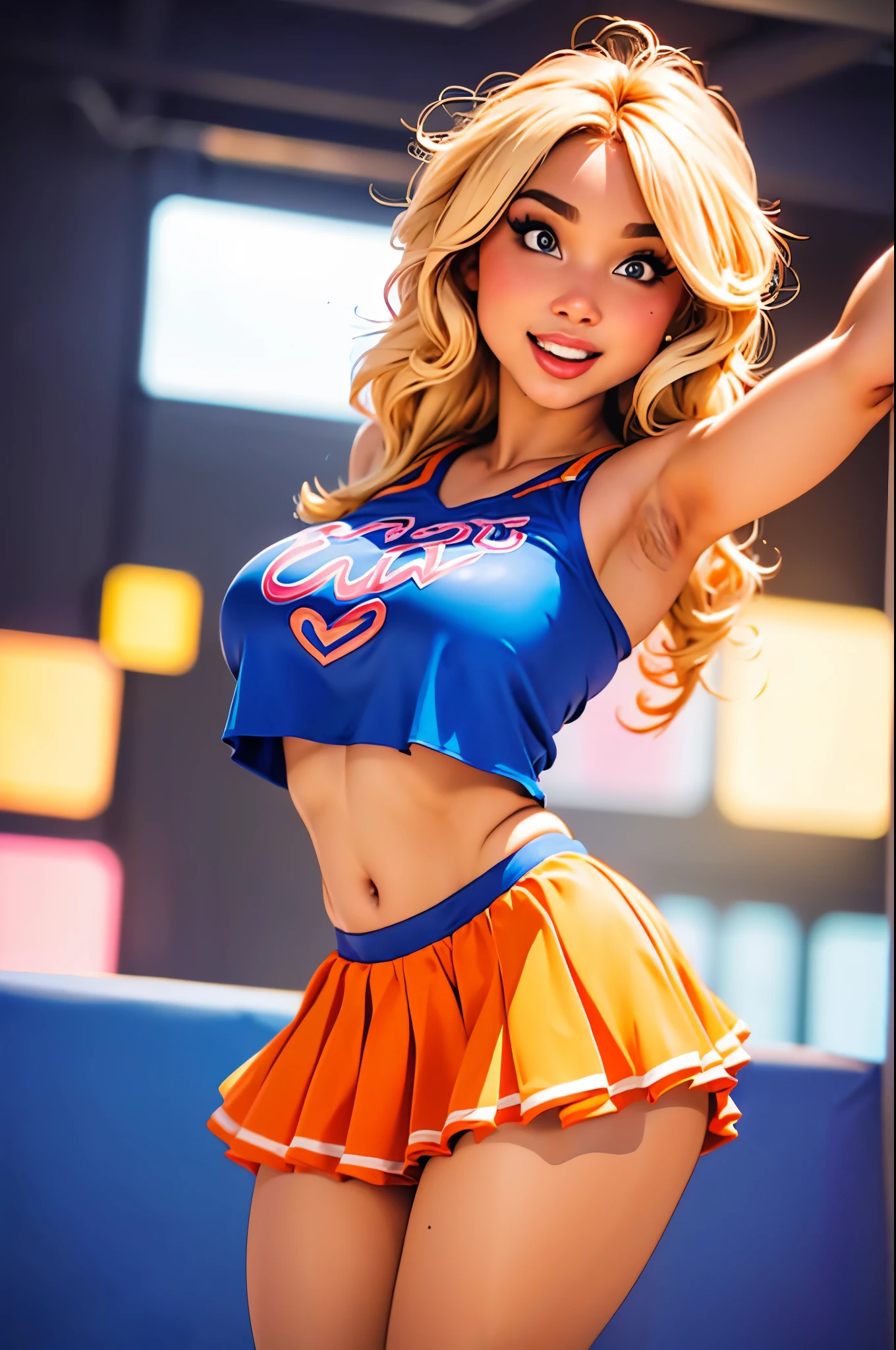 16 mm lens, (Masterpiece, Professional lighting, 16k, 8k wallpaper, raw photo, photorealistic:1.8, ultra detailed, slightly wide angle lens, natural  lighting, detailed skin, detailed joyous face, detailed eyes, 1 beautiful happy female cheerleader, cheerleader outfit, cheer squad leader during a game, full body image , long curly blond hair with bangs,  hazel eyes, cheering:1.3, sexy cheer skirt, sexy top, team colors are orange and light blue