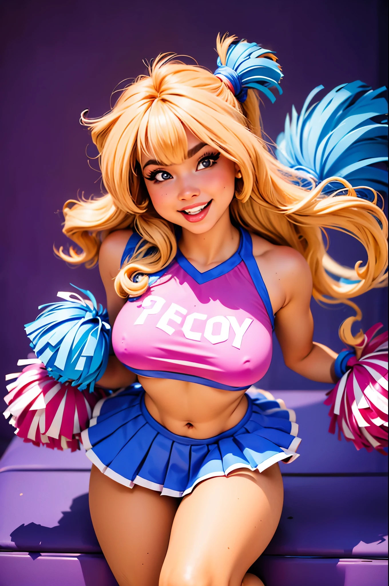 16 mm lens, (Masterpiece, Professional lighting, 16k, 8k wallpaper, raw photo, photorealistic:1.8, ultra detailed, slightly wide angle lens, natural  lighting, detailed skin, detailed joyous face, detailed eyes, 1 beautiful happy female cheerleader, cheerleader outfit, cheer squad leader during a game, full body image , long curly blond hair with bangs,  hazel eyes, cheering:1.3, sexy cheer skirt, sexy top, team colors are orange and light blue