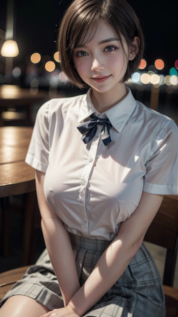 (8k, RAW photo, best quality, masterpiece:1.2), (realistic, photo-realistic:1.37), ultra-detailed,
1 girl,cute, solo,beautiful detailed sky,detailed cafe,night,sitting,dating,(nose blush),(smile:1.1),(closed mouth),,  smile, large aparture, professional lighting, Sony A7R4, Zessie 50mm F1.8,
,beautiful detailed eyes,(collared shirt:1.1), bowtie,pleated skirt,(short hair:1.2),floating hair 