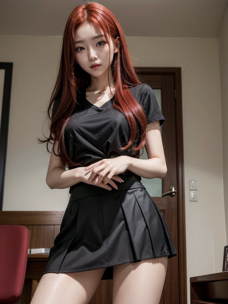  Korean with long red hair, wearing sexy short skirt and black blouse