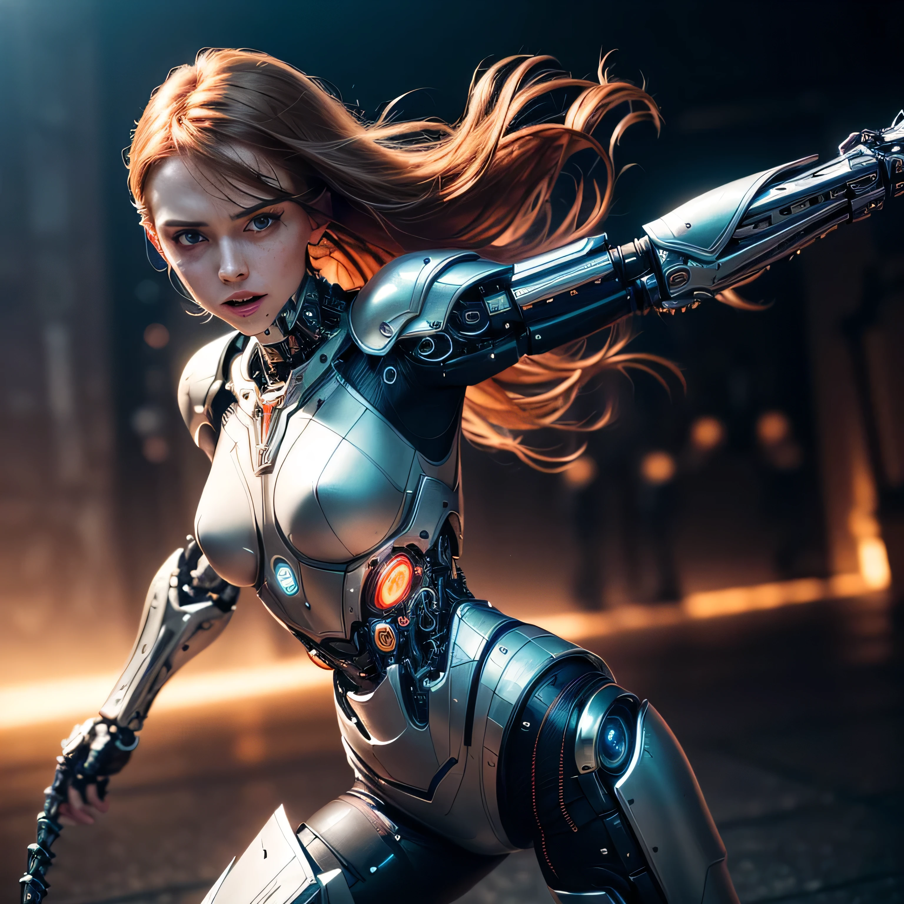 (masterpiece, photorealistic:1.4, extremely intricate:1.3), (photon mapping, radiosity, physically based rendering, ultra resolution, hyper-realistic, hyper-realistic, 8K, (dtx)), muscular girl, ((lacquered white perfectchainmail armor:0.8, ((mechanical limbs, cybernetic arms, futuristic cyborg, ((weapon)), razorwhip)), intense, [skin detail:freckles:0.8])), metal reflections, blank background, empty room, dark room, black background, no scenery, professional photograph, (straight ginger hair, wind, windy, running dynamic movement pose, arm raised), sharp focus, dramatic, award winning, (film grain, bokeh, interaction)