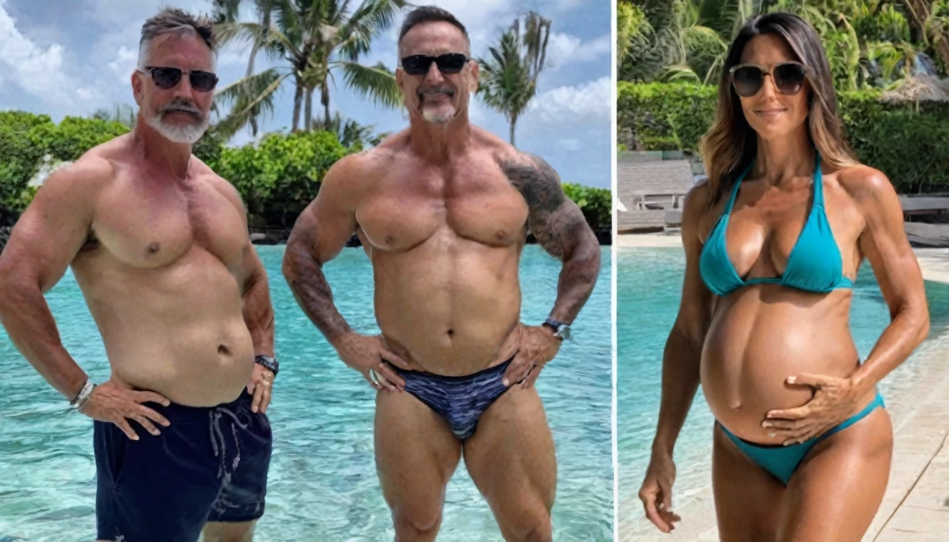 23 year old woman, pregnant woman poses in a sensual bikini with her 49-year-old husband with a muscular body 