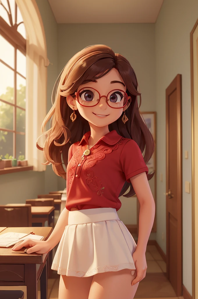 (A small chest:1.3),(Masterpiece, Best quality:1.4), (Beautiful, Aesthetic, Perfect, Delicate, Intricate:1.2),((Best quality)), ((Masterpiece)), (Detailed),(A high resolution:1.2), Classroom, An adult female, Smiling Claudia Chever, Red shirt, White skirt, Glasses, Bend over, angle of view,sexy pussy fleshy panties, ass