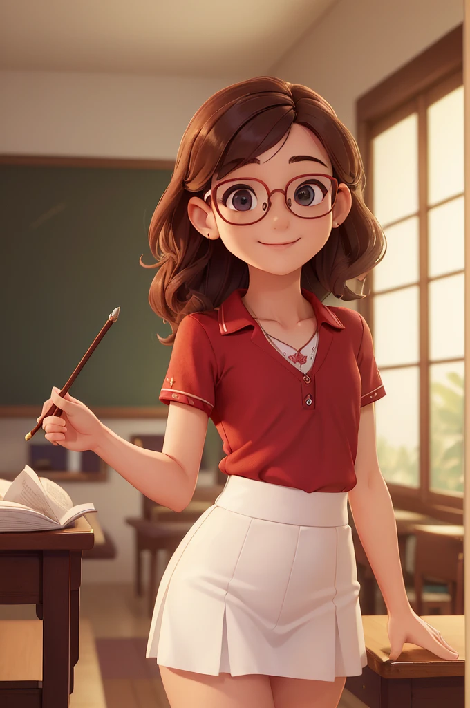 (A small chest:1.3),(Masterpiece, Best quality:1.4), (Beautiful, Aesthetic, Perfect, Delicate, Intricate:1.2),((Best quality)), ((Masterpiece)), (Detailed),(A high resolution:1.2), Classroom, An adult female, Smiling Claudia Chever, Red shirt, White skirt, Glasses, Bend over, angle of view,sexy pussy fleshy panties, ass