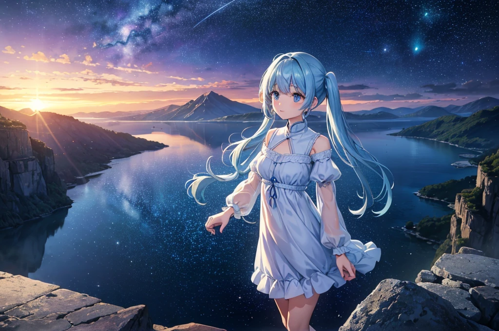 {{{Tabletop}}}, {{Highest quality, Ultra-fine illustrations, Beautiful and delicate water}}, {{Very delicate light}}, {{nature, Painting}}, {{Excellent lighting, A more transparent star, Quality Mountains々々々々々々, Very beautiful 8K PCG wallpaper}}, (plateau), sunrise, Randomly distributed clouds, cliff, ((Rotating starry sky)), ((Lake of the mountain stream)), Beautiful girl with long light blue hair with glitter particles、Twin tails、Girl floating on the lake、Whole body aura