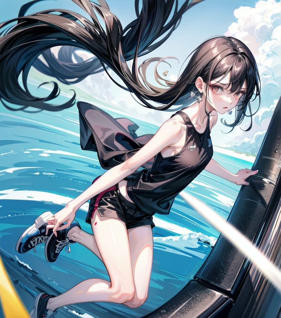 full body, delicate  features, medium tits, medium hair, black hair, tearful mole, earring, tracksuit, (sleeveless,  arms), shorts, outdoor,