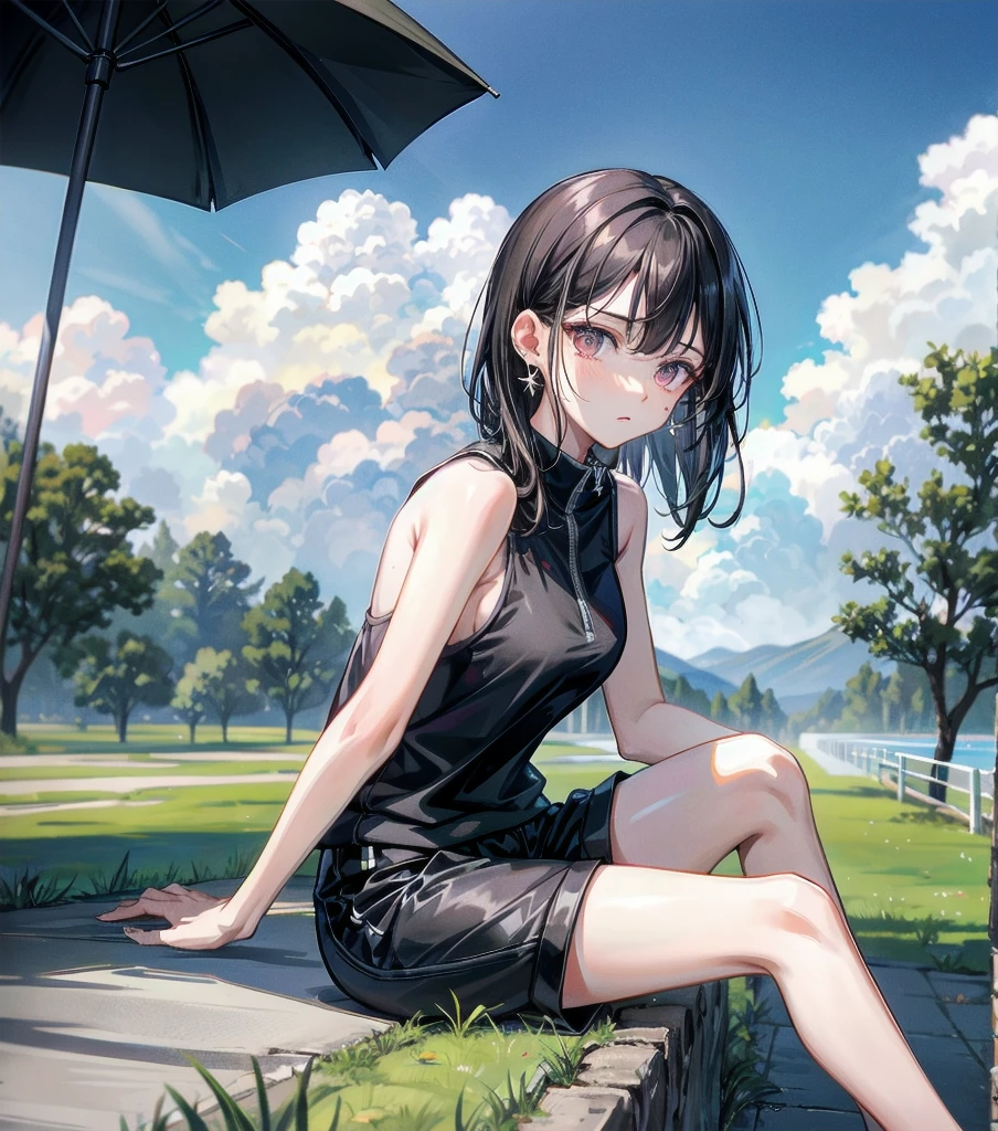 full body, delicate  features, medium tits, medium hair, black hair, tearful mole, earring, tracksuit, (sleeveless,  arms), shorts, outdoor,