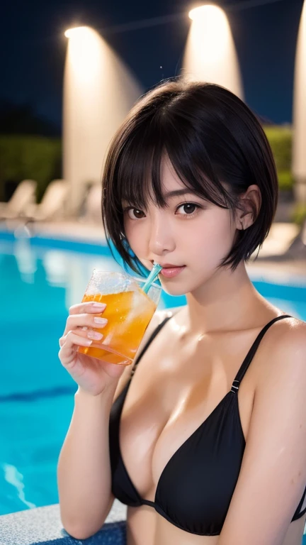 ((Girl drinking a drink at the pool at night:1.3)), (High resolution:1.3), (16K, Realistic, RAW Photos, Best image quality: 1.4), Japanese, (One Girl), Beautiful Face, (Lively Faces), (Black-haired、short hair:1.3), Beautiful Hairstyles, Realistic eyes, Beautiful and exquisite, (Realistic Skin), Beautiful skins, charm, High detail, Golden Ratio, Highly detailed cute girl,(20-year-old), Off the shoulder、Nipples