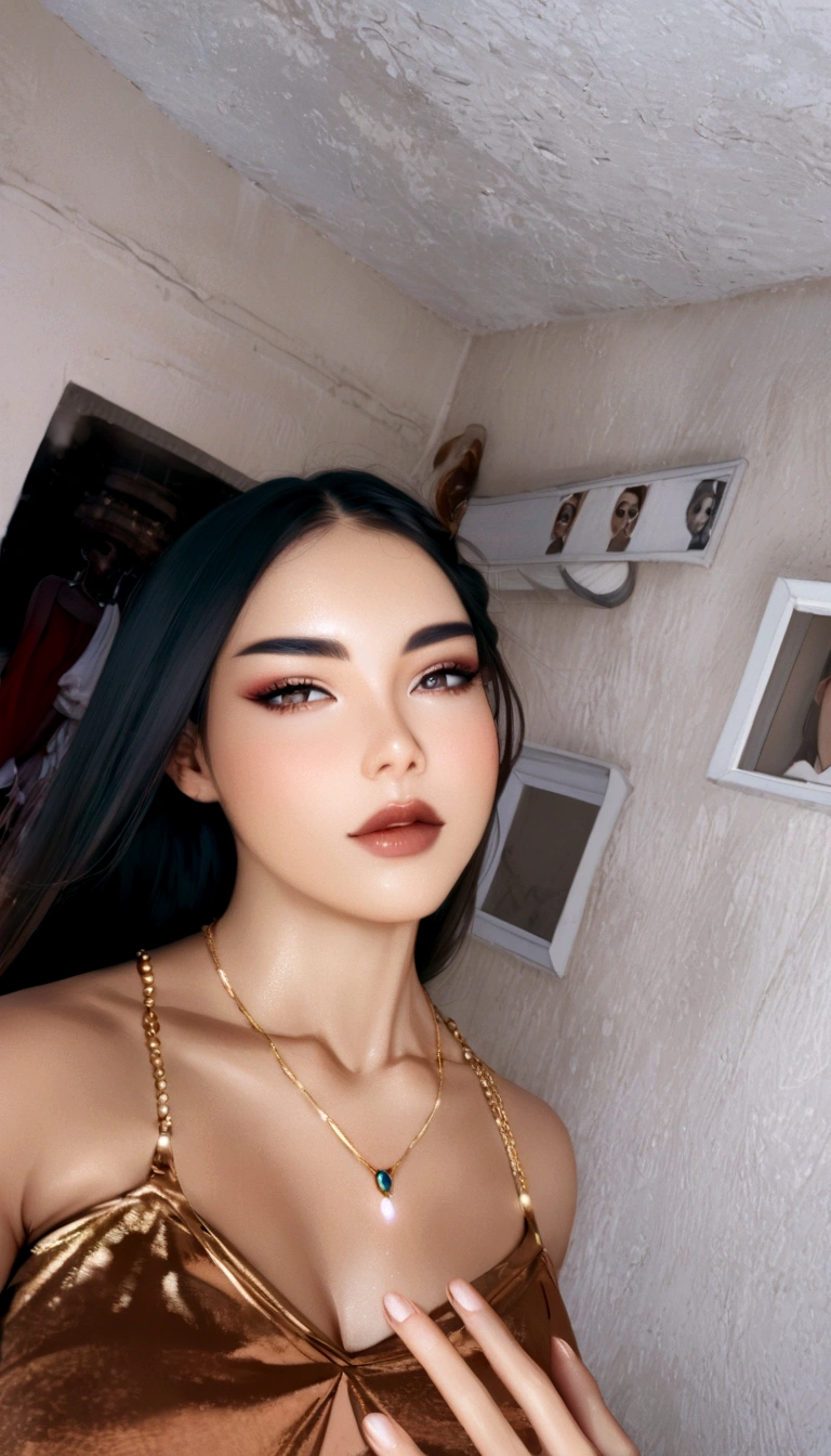 There is a woman standing in a room with a necklace, flawless and detailed face, beautiful latin face, 8k portrait, perfectly illuminated face, full face portrait, frontal photo, perfect olive skin, golden hour look, sensual look, with professional makeup, soft 8k portrait, 🤤 girl portrait, full face close-up portrait, resplendent