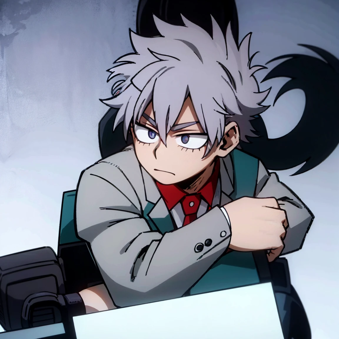 1boy, male focus, boku no hero academia, masterpiece, best quality, very aesthetic, muscular body, gray jacket, red tie, white shirt, teal pants, boots, short spiky hair, grayish violet hair, cyan eyes, night
