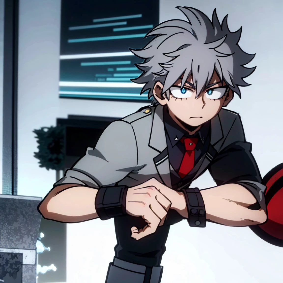 1boy, male focus, boku no hero academia, masterpiece, best quality, very aesthetic, muscular body, gray jacket, red tie, white shirt, teal pants, boots, short spiky hair, grayish violet hair, cyan eyes, night