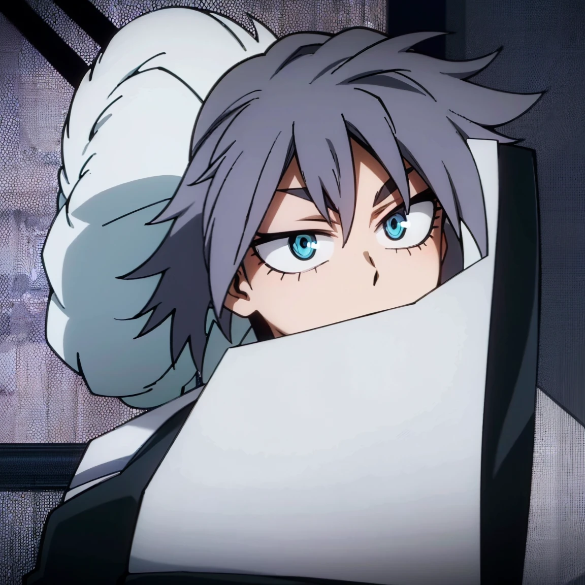 1boy, male focus, boku no hero academia, masterpiece, best quality, very aesthetic, muscular body, gray jacket, red tie, white shirt, teal pants, boots, short spiky hair, grayish violet hair, cyan eyes, night