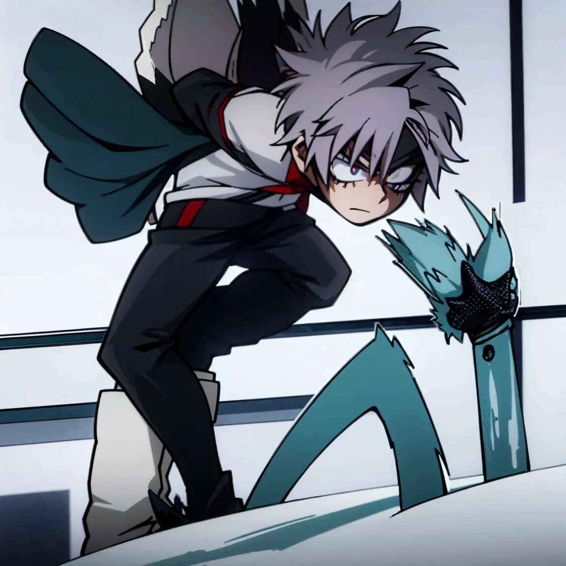 1boy, male focus, boku no hero academia, masterpiece, best quality, very aesthetic, muscular body, gray jacket, red tie, white shirt, teal pants, boots, short spiky hair, grayish violet hair, cyan eyes, night