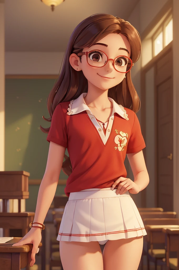(A small chest:1.3),(Masterpiece, Best quality:1.4), (Beautiful, Aesthetic, Perfect, Delicate, Intricate:1.2),((Best quality)), ((Masterpiece)), (Detailed),(A high resolution:1.2), Classroom, An adult female, Smiling Claudia Chever, Red shirt, White skirt, Glasses, Bend over, angle of view,sexy pussy fleshy panties, ass