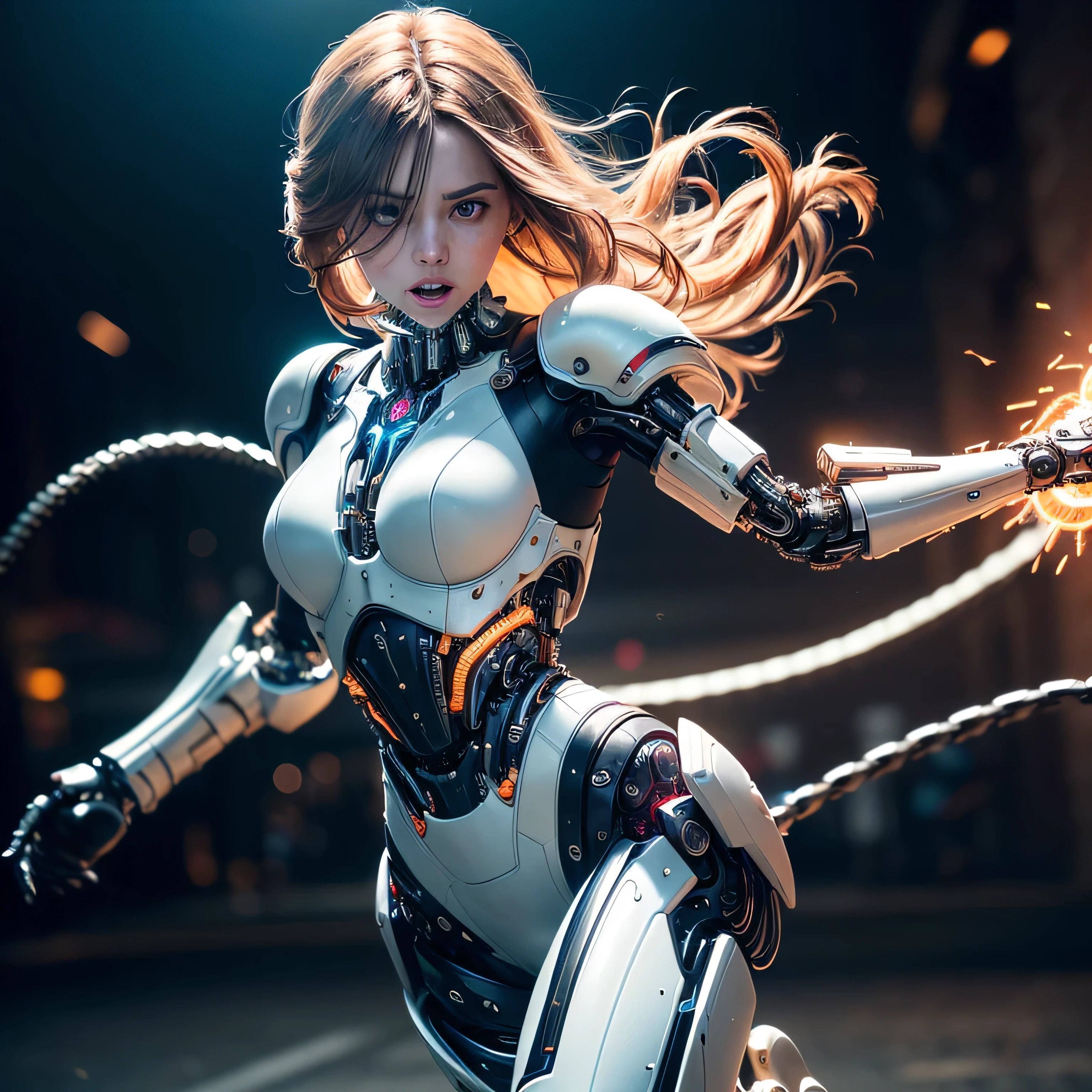 (masterpiece, photorealistic:1.4, extremely intricate:1.3), (photon mapping, radiosity, physically based rendering, ultra resolution, hyper-realistic, hyper-realistic, 8K, (dtx)), muscular girl, ((lacquered white perfectchainmail armor:0.8, ((mechanical limbs, cybernetic arms, futuristic cyborg, ((weapon)), razorwhip)), intense, [skin detail:freckles:0.8])), metal reflections, blank background, empty room, dark room, black background, no scenery, professional photograph, (straight ginger hair, wind, windy, running dynamic movement pose, arm raised), sharp focus, dramatic, award winning, (film grain, bokeh, interaction)