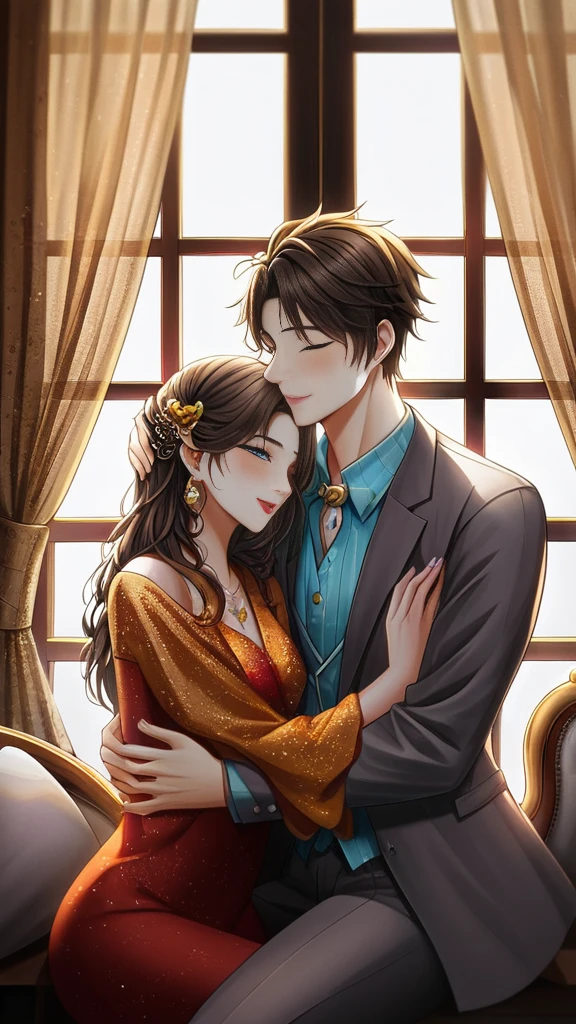 indonesian couple hugging each other in front of a window, in the art style of bowater, manhwa, artwork in the style of guweiz, romance novel cover, trending on artstration, by Yang J, illustrated novel, a beautiful artwork illustration, inspired by Yanjun Cheng, exquisite digital illustration, elegant digital painting, by Yu Zhiding, lovely couple