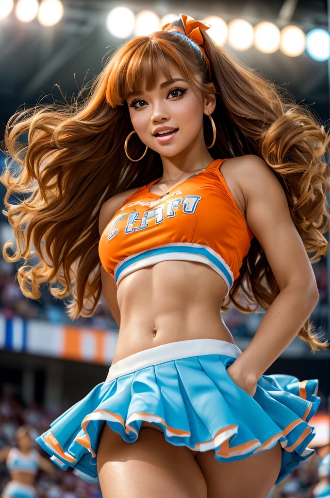(Masterpiece, Professional lighting, 16k, 8k wallpaper, raw photo, photorealistic:1.8, ultra detailed, , 16 mm lens, (Masterpiece, Professional lighting, 16k, 8k wallpaper, raw photo, photorealistic:1.8, ultra detailed, slightly wide angle lens, natural lighting, detailed skin, detailed joyous face, detailed eyes, 1 beautiful happy female cheerleader, cheerleader outfit, cheer squad leader during a game, full body image , long curly blond hair with bangs, hazel eyes, cheering:1.3, sexy cheer skirt, sexy top, team colors are orange and light blue