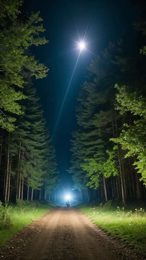 In the forest at night、A UFO is floating in the sky, emitting a dazzling light onto the ground.