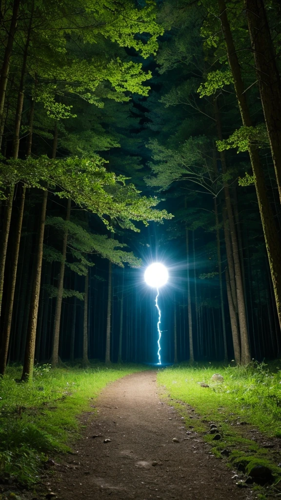 In the forest at night、A UFO is floating in the sky, emitting a dazzling light onto the ground.