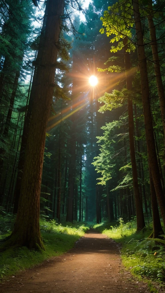 In the forest at night、A UFO is floating in the sky, emitting a dazzling light onto the ground.