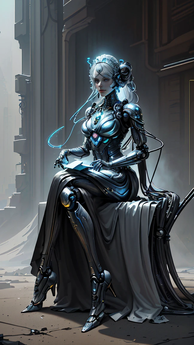 Intricate 3d rendering of highly detailed beautiful ceramic silhouette female robot face, robot, robot part, 150 mm, beautiful studio soft light, rim light, vibrant details, luxurious cyberpunk, lace, surreal, anatomy, facial muscles, cables wires, microchip, elegant, beautiful background, octane rendering, HR Giger style, 8k, best quality, masterpiece, illustration, very delicate and beautiful, very detailed, CG, unity, wallpaper , (fidelity, fidelity: 1.37), amazing, fine detail, masterpiece, best quality, official art, extremely detailed cg unity 8k wallpaper, absurd, unbelievably absurd, robot, silver helmet, full body, sitting write