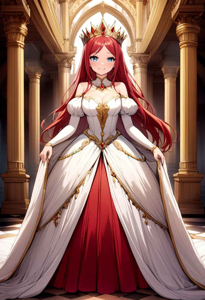 A queen with red hair and blue eyes standing in a palace with a smile While wearing a princess or queen dress with a large neckline