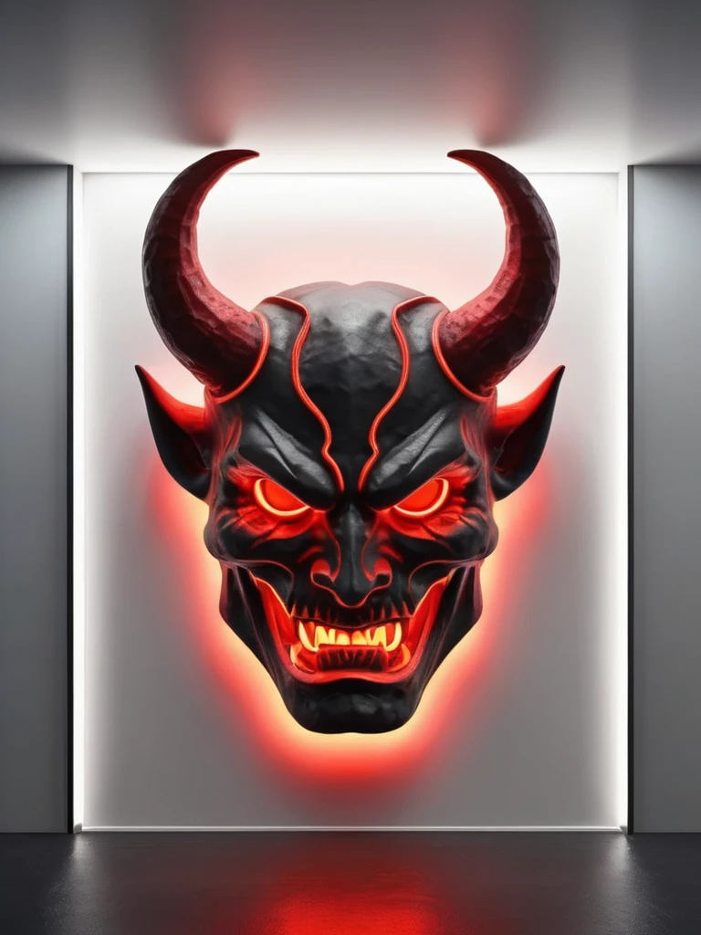 (white background studio wall), neon light, symbology style, devil, Red color, black and dark gray, on white wall