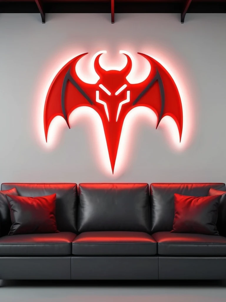 (white background studio wall), neon light, symbology style, devil, Red color, black and dark gray, on white wall