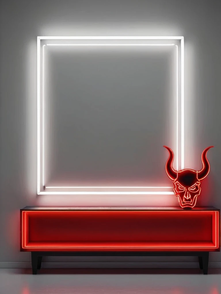 (white background studio wall), neon light, symbology style, devil, Red color, black and dark gray, on white wall
