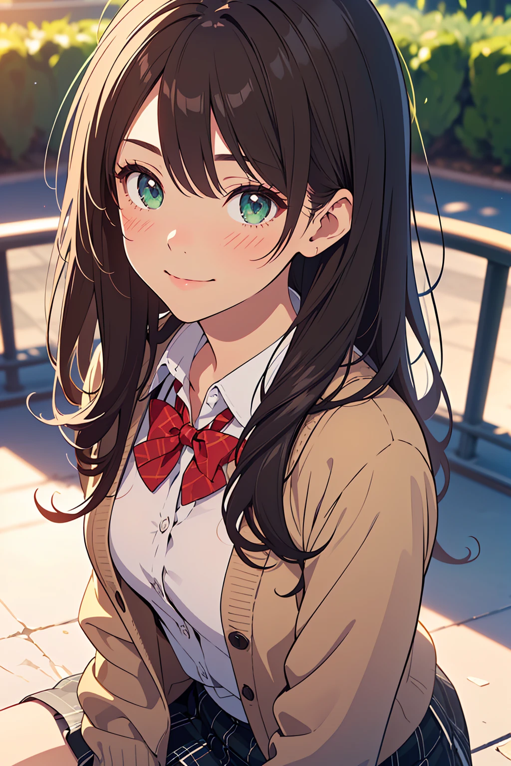 ((masterpiece, best quality, highres, UHD, perfect pixel, depth of field, 4k, RTX, HDR))), 1girl, single, solo, beautiful anime girl, beautiful artstyle, anime character, ((long hair, bangs, brown hair, curly hair:0.8)), ((green eyes:1.4, rounded eyes, beautiful eyelashes, realistic eyes)), ((detailed face, blushing:1.2)), ((smooth texture:0.75, realistic texture:0.65, photorealistic:1.1, anime CG style)), medium breasts, dynamic angle, perfect body, ((portrait, pov)), ((red bowtie, , black jacket, open jacket, brown cardigan, white shirt, black skirt, plaid skirt)), smile, amusement park