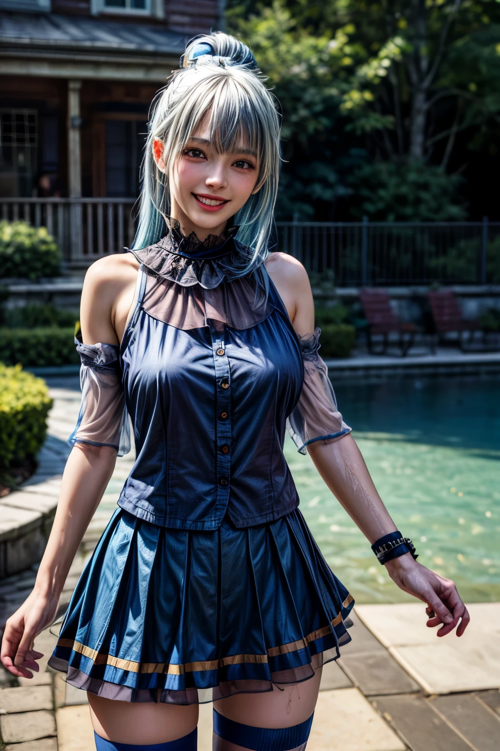 masterpiece, Highest quality, High resolution, Aqua, Long Hair, Blue Hair, Hair Ring, hair ornaments, choker, Bare shoulders, Green ribbon, Blue Shirt, Removable sleeves, Blue Skirt, Knee socks, Are standing, (magic:1.2), (water:1.2), Grin，（8K，RAW Photos），（Best Quality），（Masterpiece Loose），（Realistic，）（写実的でRealistic），（High resolution），Hyper Detail，（Gentel Realism：1.1），Beautiful Face， （1 Female：1.1），High resolution), (8K), (Very detailed), (4K), (Pixiv), Perfect Face, Beautiful eyes and face, (Highest quality), (Very detailed), Detailed face and eyes, (alone), Textured skin, Absurd, High resolution