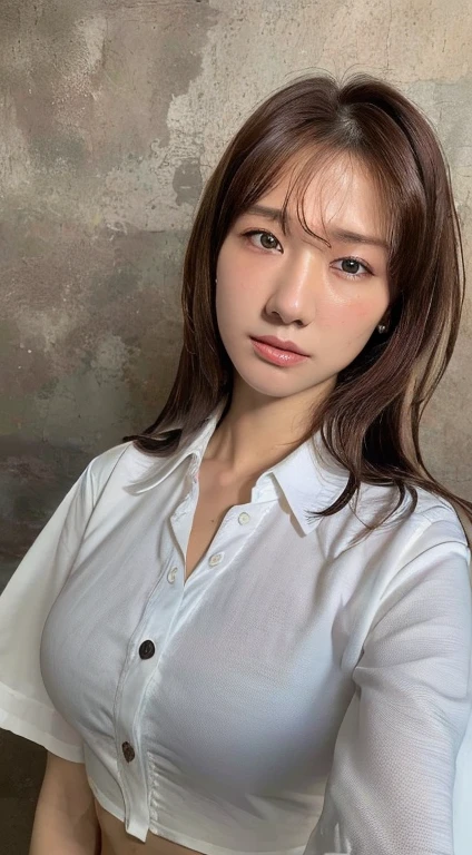 ((Highest quality, 8K, masterpiece :1.3)), Sharp focus :1.2, Beautiful woman with perfect figure :1.4, Slim Abs :1.2, ((Dark brown hair, Big Breasts :1.2)), (White button-up long shirt :1.1), City Street:1.2, Highly detailed face and skin texture, Fine grain, double eyelid NSFW