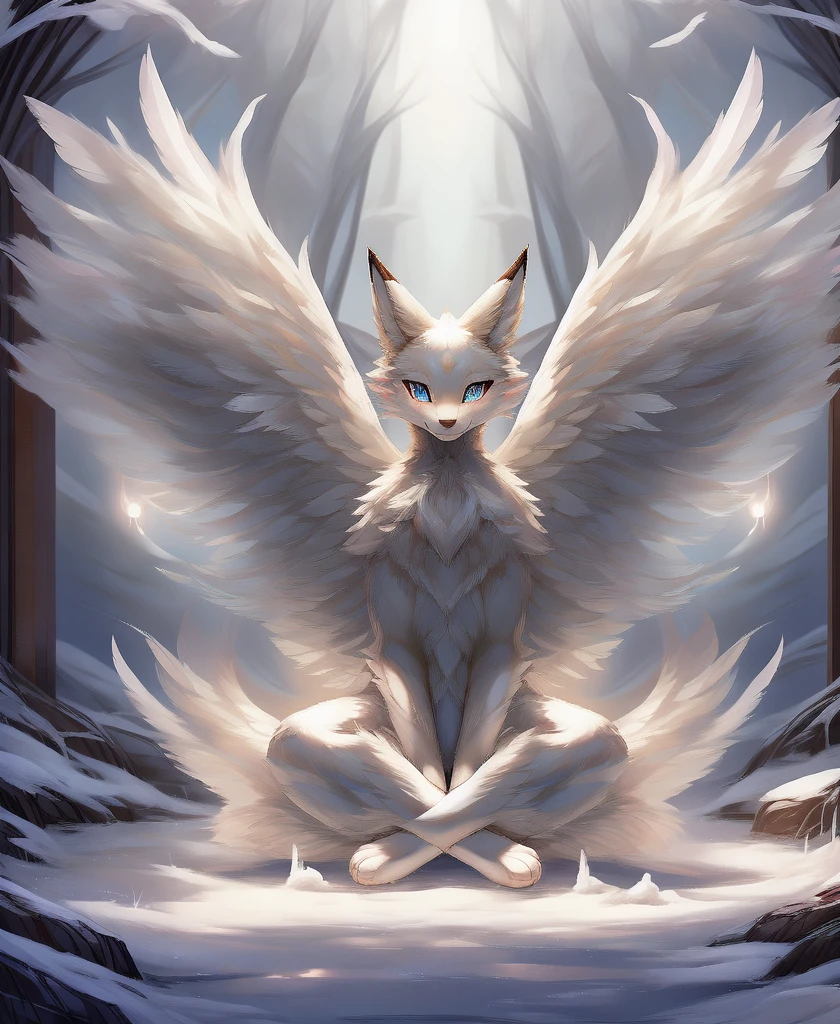 falvie 
asian_mythology east_asian_mythology mythology 
canid canine fox mammal will-o'-the-wisp 
2017 digital_media_(artwork) 
ambiguous_gender blue_eyes detailed_background feral fox_spirit fur kitsunebi multi_tail paws shrine sitting smile solo tail white_body white_fur, white angel wings, cute