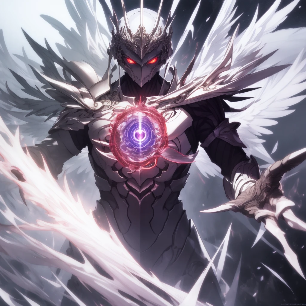 masutepiece, Highly detailed CG unified 8K wallpapers, 8K UHD, Digital SLR, High quality, clean, Best Illumination, God in white armor, one white winged, Glowing eyes, Cinematic, Ultra-high resolution, ultra high detailed, hight resolution, shadowverse style