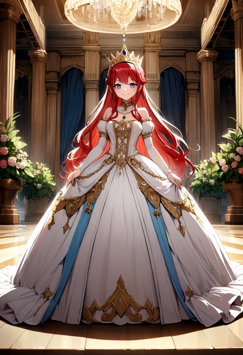 A queen with red hair and blue eyes standing in a palace with a smile  While wearing a princess or queen dress with a large neckline 