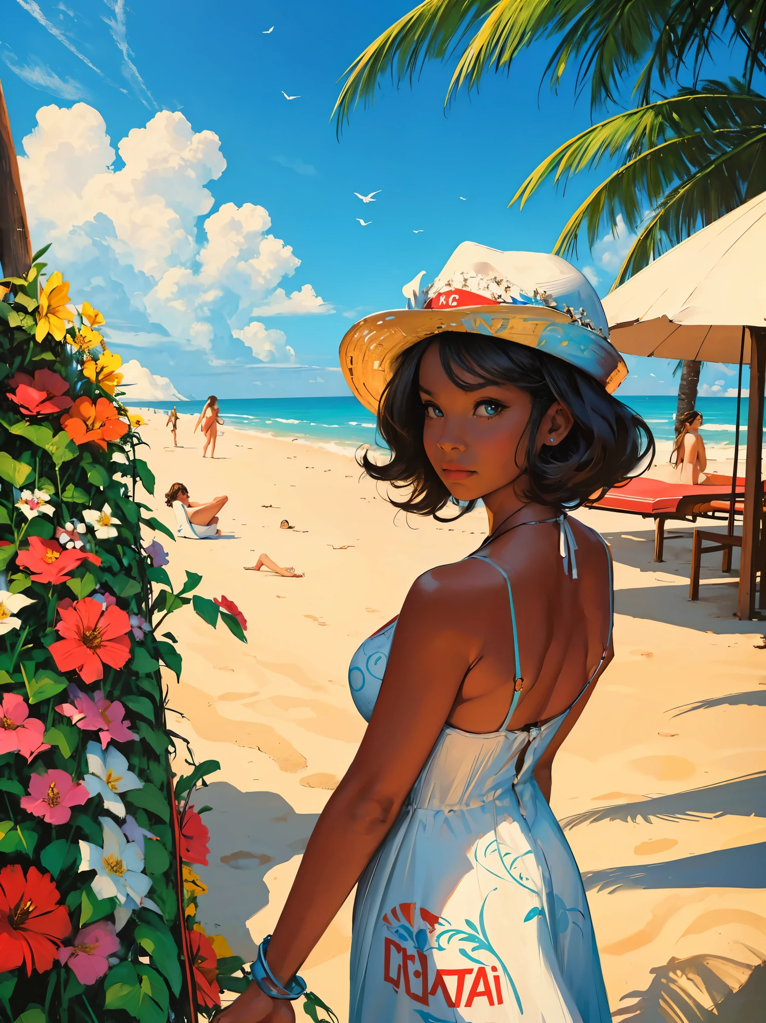 old retro poster, USSR, Caribbean seaside, Neon, photo shoot, 1 ultra hot gorgeous woman. Age 23. short white wavy hair, expressive breasts, in a white sundress with a pattern of flowers on fabric, fashionista, 80s, hd