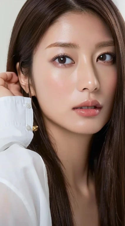 ((Highest quality, 8K, masterpiece :1.3)), Sharp focus :1.2, Beautiful woman with perfect figure :1.4, Slim Abs :1.2, ((Dark brown hair, Big Breasts :1.2)), (White button-up long shirt :1.1), City Street:1.2, Highly detailed face and skin texture, Fine grain, double eyelid NSFW