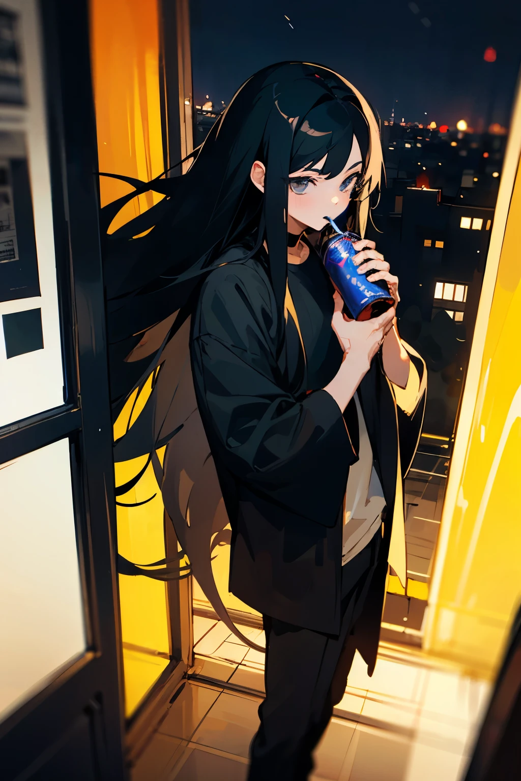 boy with black hair with very long black hair in black clothes drinking a can of black soda at night