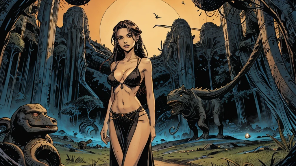 alien landscape with giant monsters, the foreground, a sexy girl with slender hips, slender hips, slender hips,medium breasts, in a long sheer gown cut in slits up to her hips, low cut between her breasts to her navel, long flowing hair, cleavage, brightly colored monsters, tentacled beasts, dinosaurs, very bright contrasting colors, bright colors, she is a goddess, a goddess